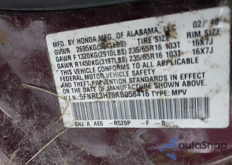 2010 Honda Odyssey Ex-L z USA, uszkodzony, nr VIN 5FNRL3H75AB058416